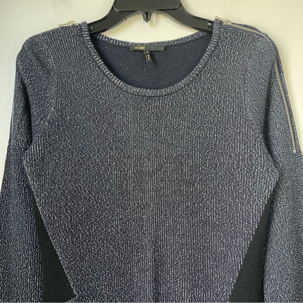 Maje knitted knee length long sleeve silver metallic sweater shift dress siz 2/M - Picture 7 of 12
